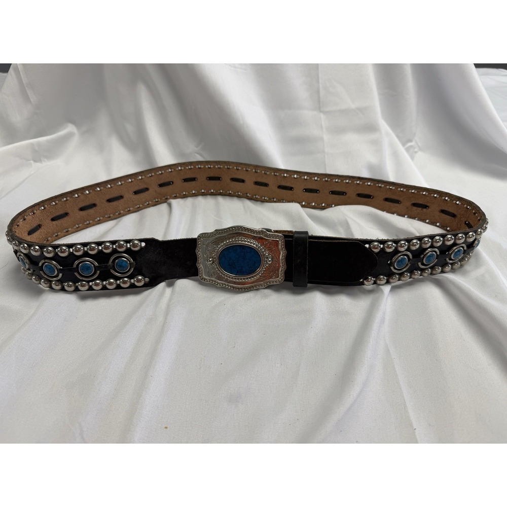 Vintage Black Leather Belt Turquoise Buckle Western Southwest Rodeo Cowboy 42"